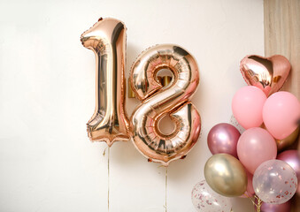 18 years balloons on the white wall. - obrazy, fototapety, plakaty