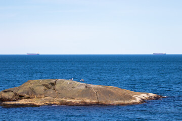 Rocky cliff in the ocean with two oil tankers in background against a clean horizon