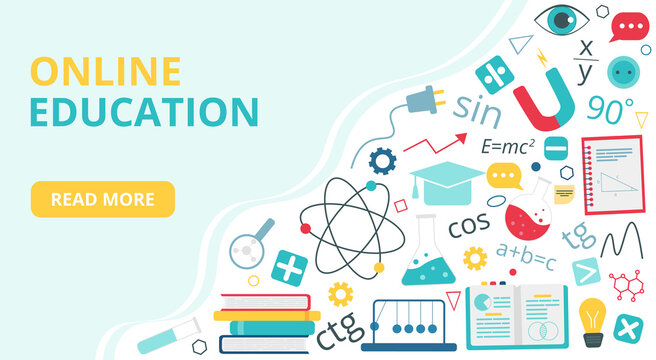 Landing page or banner template. Online education concept. Icons for education, infographics design, web elements, School subjects. Vector illustration in flat style