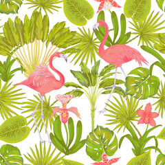 Obraz premium Tropical vector seamless pattern with flamingo bird and orchid flower, banana tree, ravenala tree