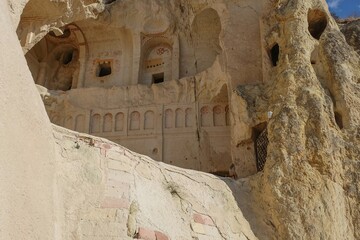View to ancient carved rock christian church from volcanic tuff in Open-air Museum ,UNESCO World Heritage site. Goreme,Cappadocia valley,Turkey,