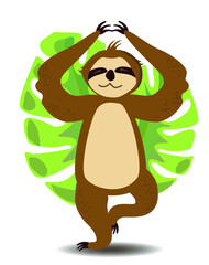 sloth sitting in yoga pose with leaves. Isolated on white background tropical drawing for  prints, child poster, cute stationery.