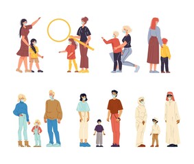 Fototapeta premium Multi-ethnic people wearing respiratory face mask to prevent flu viral epidemic set. Mix race parent having children. Caucasian, islamic, european mother, father, son, daughter. Coronavirus outbreak