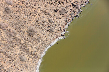 Aerial view of Lake Little Magadi in the Great Rift Valley of Kenya. Little Magadi is the southernmost lake in the Kenyan Rift Valley, north of Tanzania's Lake Natron.