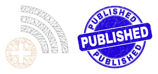 Web carcass medical source pictogram and Published stamp. Blue vector round grunge seal stamp with Published caption. Abstract carcass mesh polygonal model created from medical source pictogram.
