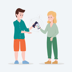 Vector illustration: man and woman charge the phone. Wireless charger.