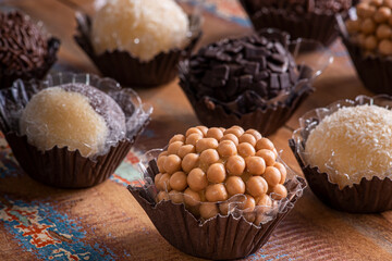 Brigadeiro. Typical Brazilian sweet. Many types of brigadiers together