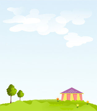 Summer landscape. Background. Sky with clouds and rainbow, green meadow, house and trees.  Digital illustration.
