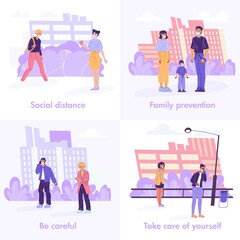 People wearing facial mask keep safe distance on city street set. Family prevention, take care of yourself, social distancing to avoid flu coronavirus infection concept. Protection from sick character