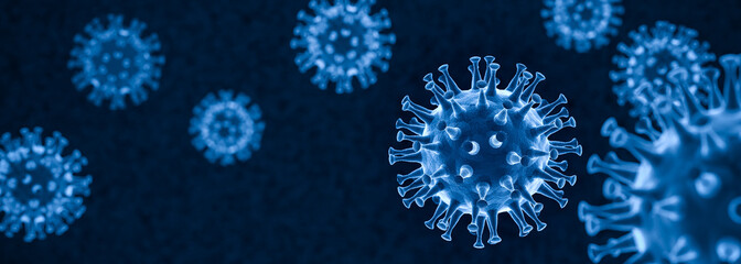 3D render: Corona virus SARS-CoV-2 - Schematic image of viruses of the Corona family in blue color. Selective focus - obrazy, fototapety, plakaty