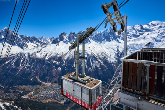 Le Br&eacute;vent, Hautes-Savoie, 74400, France - April 17, 2018: Cable car of the Brevent, Winter sports resort in Chamonix Mont Blanc. European Alps