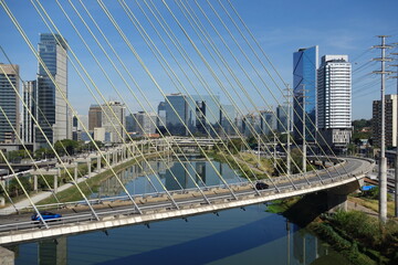 Sao Paulo/Brazil: cable-stayed bridge, cityscape. Tiete river, 'ponte estaiada'