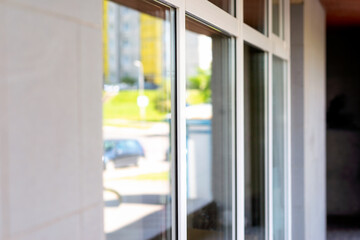 Outside glass glasses windows of the office building on sunny day