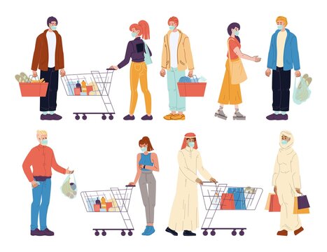 Mix-race diverse people shopper wearing protective face mask set. Multinational man woman buyer holding shopping basket, bag, pushing trolley cart. Quarantine coronavirus health protection
