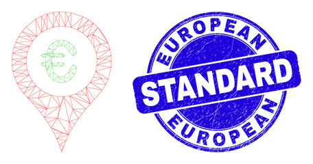 Web mesh euro map marker icon and European Standard watermark. Blue vector round distress seal with European Standard phrase. Abstract frame mesh polygonal model created from euro map marker icon.