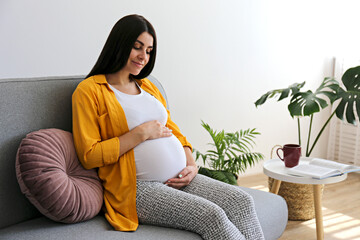 Portrait shot of young beautiful woman on third trimester of pregnancy. Close up of pregnant female...