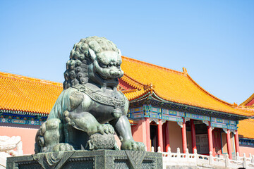 Guardian lion in a Chinese temple
