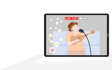 Many viewers are watching. The singer is performing a concert online.New normal,LIVE,Streaming,vector,illustration.stay home.corona virus,like,love.