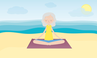 Yoga on the beach. Elderly woman in the Lotus position on the beach. Yoga class. Woman doing yoga. Healthy lifestyle. Flat cartoon style vector illustration.