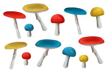 Bright poisonous toadstools set. Forest clip art on white background