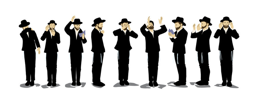 Illustration of Orthodox Jewish chassidim praying and crying. With a hat and a suit.
Each character takes a different action: begging, calling in the arrangement, punching his heart, raising his hands