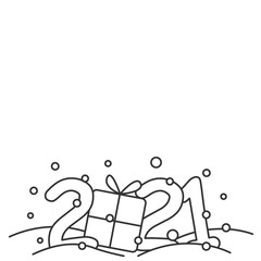 2021 Christmas and New Year calligraphic lettering text with falling snow and present box. Line calligraphy for greeting card, calendar, party invitation sale and banner. Editable vector illustration