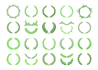 Set of green silhouette laurel foliate, olive and wheat wreaths. Vector illustration for your frame, border, ornament design, wreaths depicting an award, achievement, heraldry, emblem, logo.