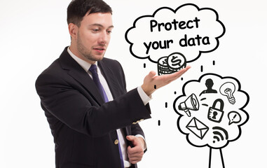 Business, technology, internet and network concept. Young businessman thinks over the steps for successful growth: Protect your data
