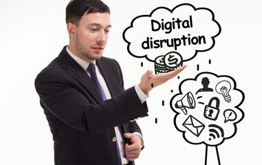 Business, technology, internet and network concept. Young businessman thinks over the steps for successful growth: Digital disruption