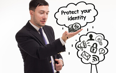 Business, technology, internet and network concept. Young businessman thinks over the steps for successful growth: Protect your identity