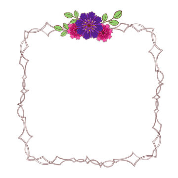 Large spiny square frame with flowers. Digital illustration.
