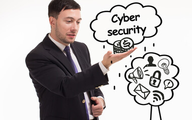 Business, technology, internet and network concept. Young businessman thinks over the steps for successful growth: Cyber security