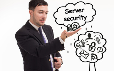 Business, technology, internet and network concept. Young businessman thinks over the steps for successful growth: Server security