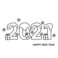 2021 Happy New Year calligraphic greeting lettering with snow flakes and gift boxes. Linear digits for greeting card, Christmas party invitation sale announce and banner. Editable vector illustration