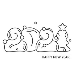 2021 Happy New year calligraphic lettering text with Christmas tree. Linear calligraphy for greeting card, party invitation, banner, calendar and winter fair announce. Editable vector illustration.