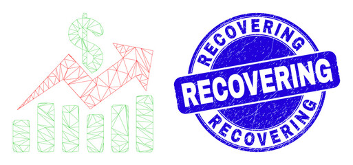 Web carcass sales trend charts pictogram and Recovering seal. Blue vector round grunge seal with Recovering caption. Abstract frame mesh polygonal model created from sales trend charts pictogram.
