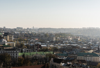 Fototapeta na wymiar scenic aerial view of city with old houses and skyline, lviv, ukraine