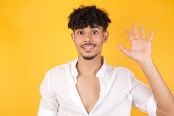Portrait of cheerful, outgoing friendly-looking young man wearing casual clothes raise one hand and wave, saying hi or hello and smiling with carefree expression as make goodbye or welcome gesture.