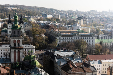 aerial view of lviv city with carmelite church and buildings in downtown of lviv, ukraine