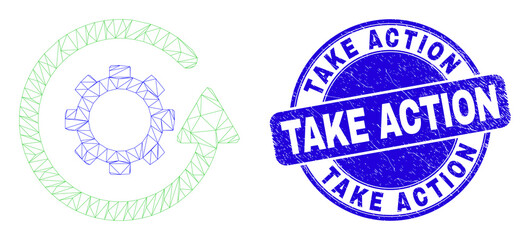 Obraz premium Web mesh gear rotation icon and Take Action stamp. Blue vector round textured seal stamp with Take Action phrase. Abstract frame mesh polygonal model created from gear rotation icon.