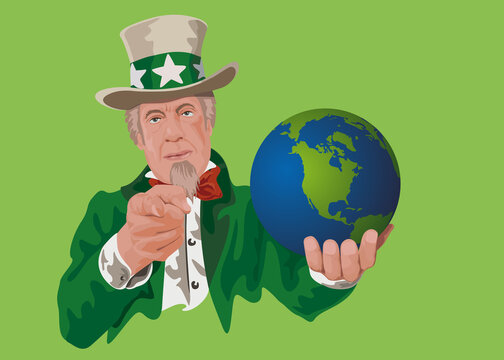 Concept de la protection de l&rsquo;environnement aux &Eacute;tats-Unis avec le symbole de l&rsquo;Oncle Sam qui tient le globe terrestre dans sa main et pointe son doigt de l&rsquo;autre. 