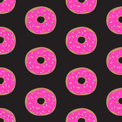 Seamless pattern with donuts on black board. Cute sweet food baby background. Colorful design for textile, wallpaper, fabric, decor. Design for packaging, banner, poster, menu in the bakery