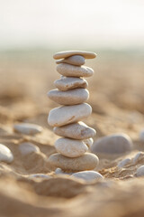 Fototapeta na wymiar sea stones tower on sand. summer and sunset on sea background. relaxation and meditation on beach