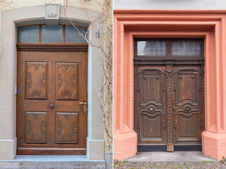 two wooden doors with beautiful decorative wooden trim in the historical part of various European cities