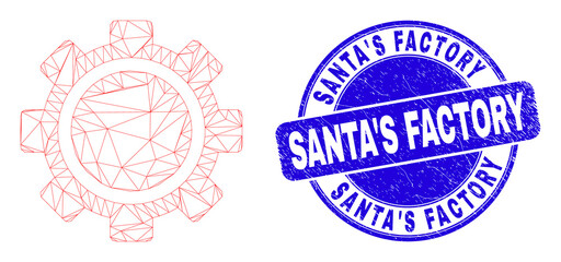 Web carcass gear icon and Santa'S Factory seal stamp. Blue vector round grunge seal stamp with Santa'S Factory message. Abstract frame mesh polygonal model created from gear icon.