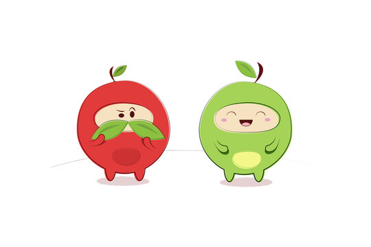 Funny cartoon green apple character in cute Japanese style, vector illustration. Doodle isolated on white.