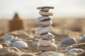 sea stones tower on sand. summer and sunset on sea background. relaxation and meditation on beach