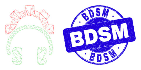 Web mesh gear headphones icon and Bdsm seal stamp. Blue vector rounded textured seal stamp with Bdsm phrase. Abstract frame mesh polygonal model created from gear headphones icon.