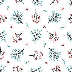 Floral Vector Seamless Pattern. Background with Plant. Doodle Branches with Leaves, Flowers and Berries
