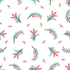 Floral Vector Seamless Pattern. Background with Plant. Doodle Branches with Leaves, Flowers and Berries
